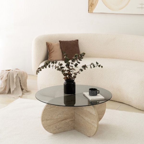 Bubble Couchtisch Ø75 cm - Travertin/rauchfarbenes Glas