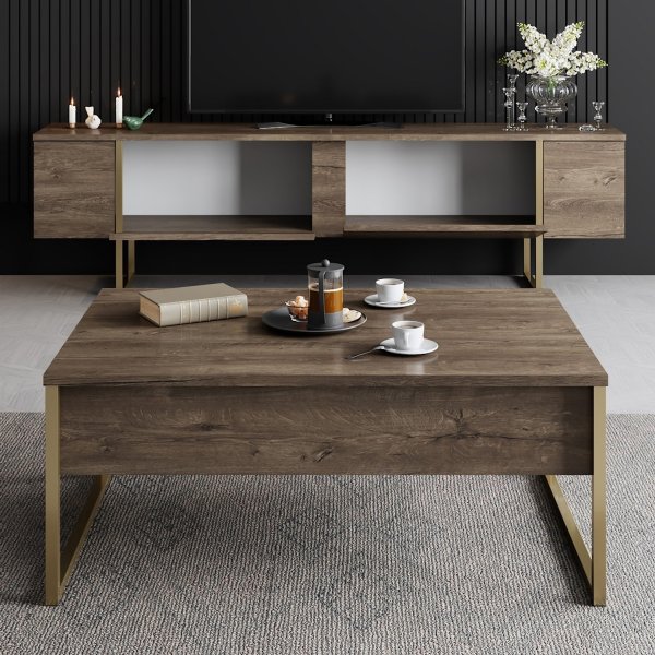 Medienbank 180 cm Walnuss / Gold - Lux