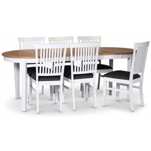 Lebensmittelgruppe Fårö; Esstisch 160/210x90 cm - Eiche weiß / geölt mit 6 Fårö Stühlen mit Sitzflächen in grauem Stoff Lebensmittelgruppe Fårö; Esstisch 160/210x90 cm - Eiche weiß / geölt mit 6 Fårö Stühlen mit Sitzflächen in grauem Stoff