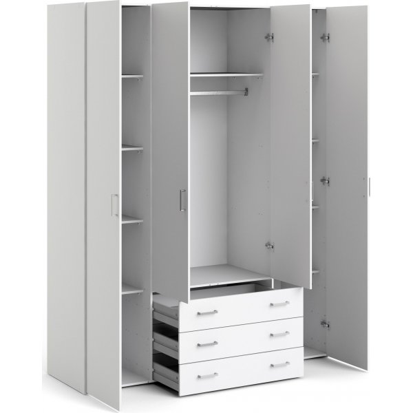 Space-Kleiderschrank mit 4 Türen und 3 Schubladen - Weiß