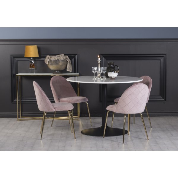 Plaza Essgruppe, Marmortisch mit 4 Plaza Samtstühlen - Pink/Brass/Schwarz