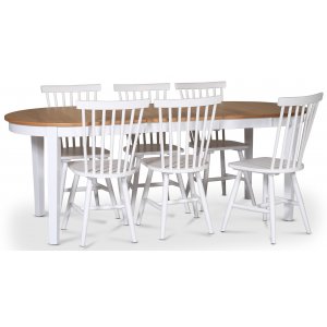 Lebensmittelgruppe Fårö; Esstisch 160/210x90 cm - Eiche weiß / geölt mit 6 weißen Karlrohrstühlen Lebensmittelgruppe Fårö; Esstisch 160/210x90 cm - Eiche weiß / geölt mit 6 weißen Karlrohrstühlen