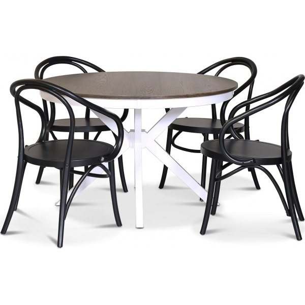 Lebensmittelgruppe Skagen; runder Esstisch 120 cm - Eiche weiß / braun gebeizt mit 4 Danderyd No.30 Stühlen Schwarz