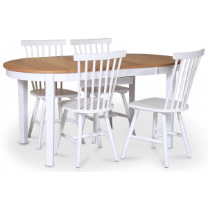 Lebensmittelgruppe Fårö; Esstisch 160/210x90 cm - Eiche weiß / geölt mit 4 weißen Karlrohrstühlen Lebensmittelgruppe Fårö; Esstisch 160/210x90 cm - Eiche weiß / geölt mit 4 weißen Karlrohrstühlen