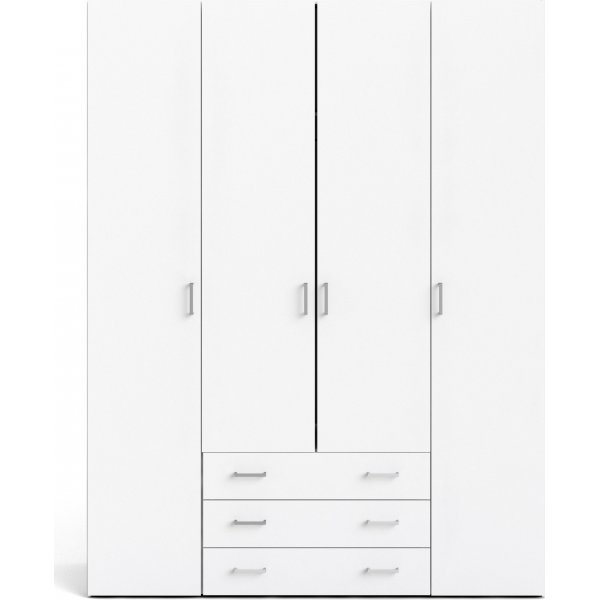 Space-Kleiderschrank mit 4 Türen und 3 Schubladen - Weiß