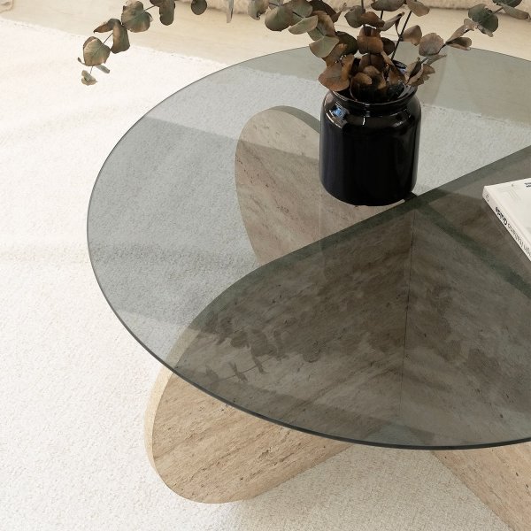 Bubble Couchtisch Ø75 cm - Travertin/rauchfarbenes Glas