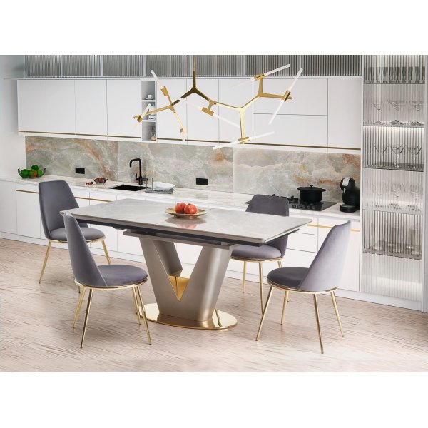 Valentino Esstisch 160-220 x 90 cm - Grauer Marmor/Hellgrau/Gold