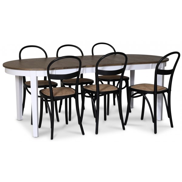 Lebensmittelgruppe Skagen; Esstisch 160/210x90 cm - Eiche weiß/braun geölt mit 6 Danderyd No.16 Stühlen Schwarz