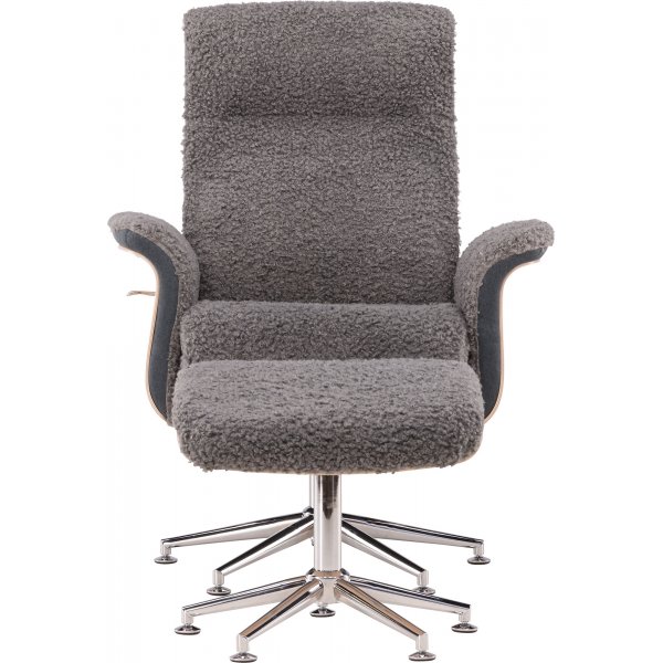 Relaxsessel mit Fußhocker - Graues Schaffellimitat/weiß getünchte Eiche