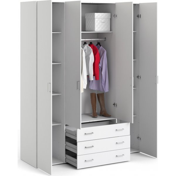 Space-Kleiderschrank mit 4 Türen und 3 Schubladen - Weiß
