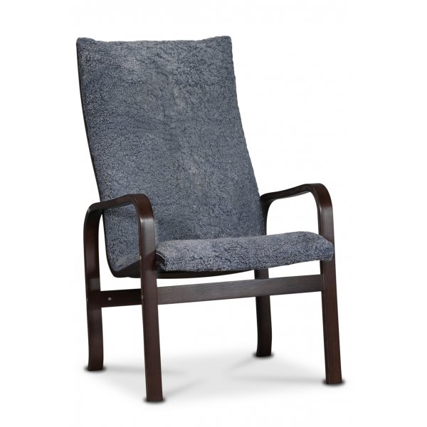 Fushion Sessel in Skandinaviengrau aus Schaffell - Nussbaum dunkel