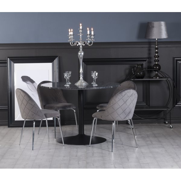 Plaza Essgruppe, Marmortisch mit 4 Plaza Samtstühlen - Grau/Schwarz/Chrom + 2.00 x Möbelfüße
