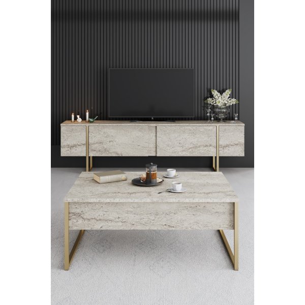 Lux Couchtisch 90 x 60 cm - Travertin/Gold