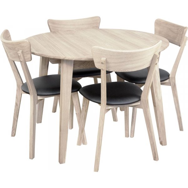 Essgruppe Genova Esstisch 110-160 cm inkl. 6 Amino Stühle - Weiß pigmentiert/schwarzes Kunstleder + 4.00 x Möbelfüße